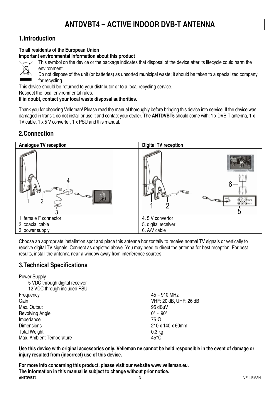 Antdvbt4 – active indoor dvb-t antenna, Introduction, Connection | Technical specifications | Velleman ANTDVBT4 User Manual | Page 3 / 8
