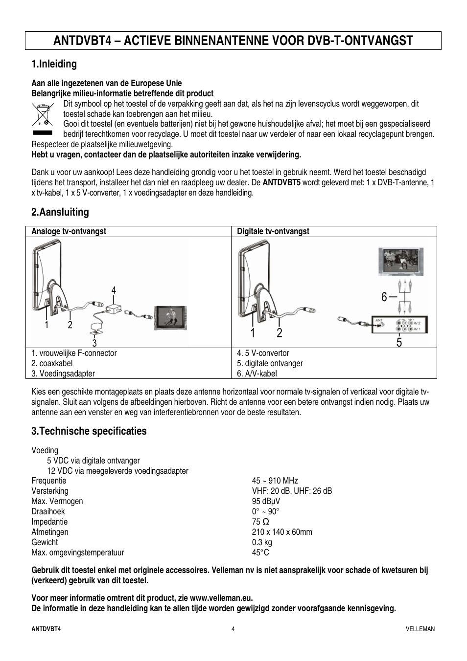 Inleiding, Aansluiting, Technische specificaties | Velleman ANTDVBT4 User Manual | Page 4 / 8
