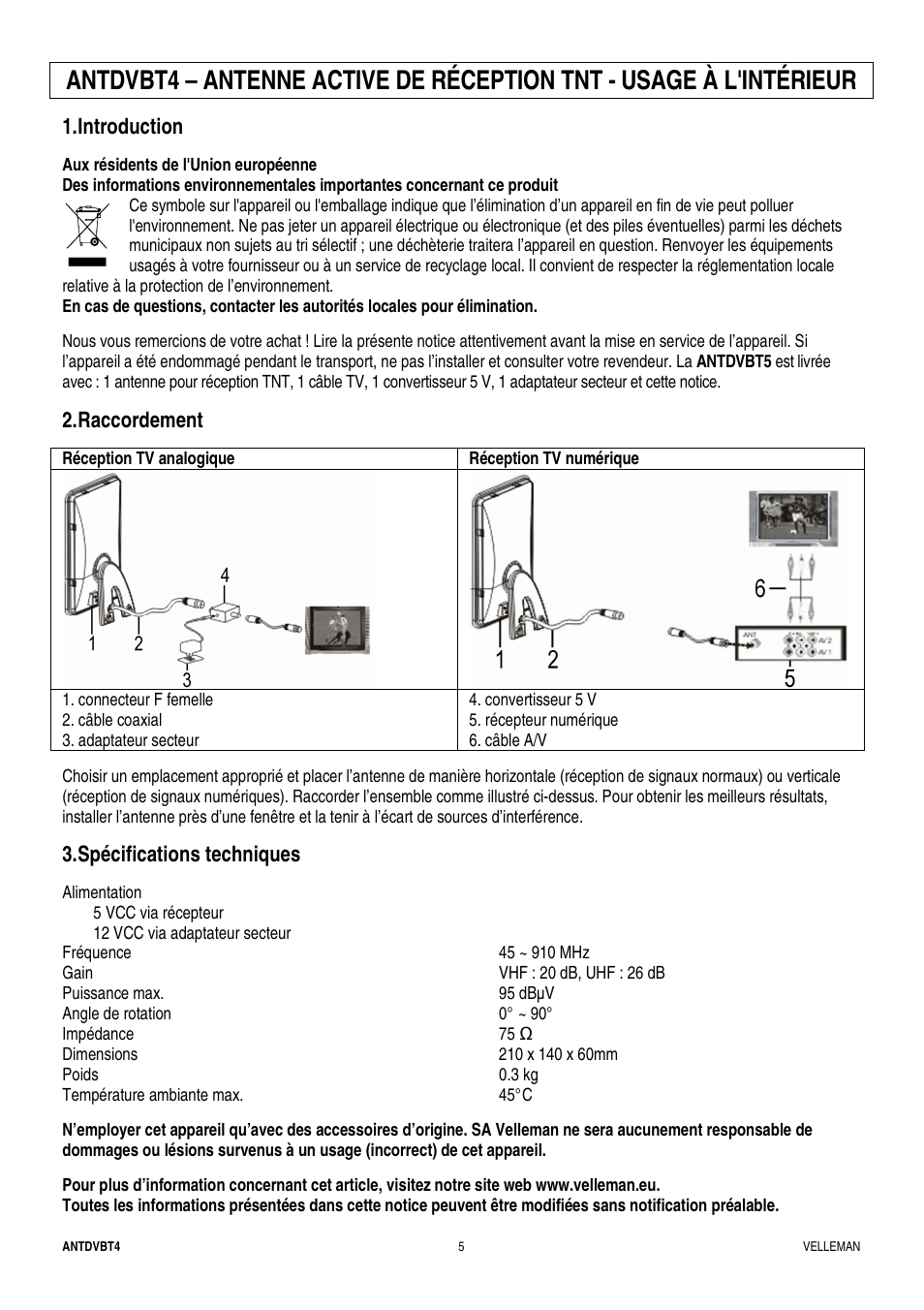 Introduction, Raccordement, Spécifications techniques | Velleman ANTDVBT4 User Manual | Page 5 / 8
