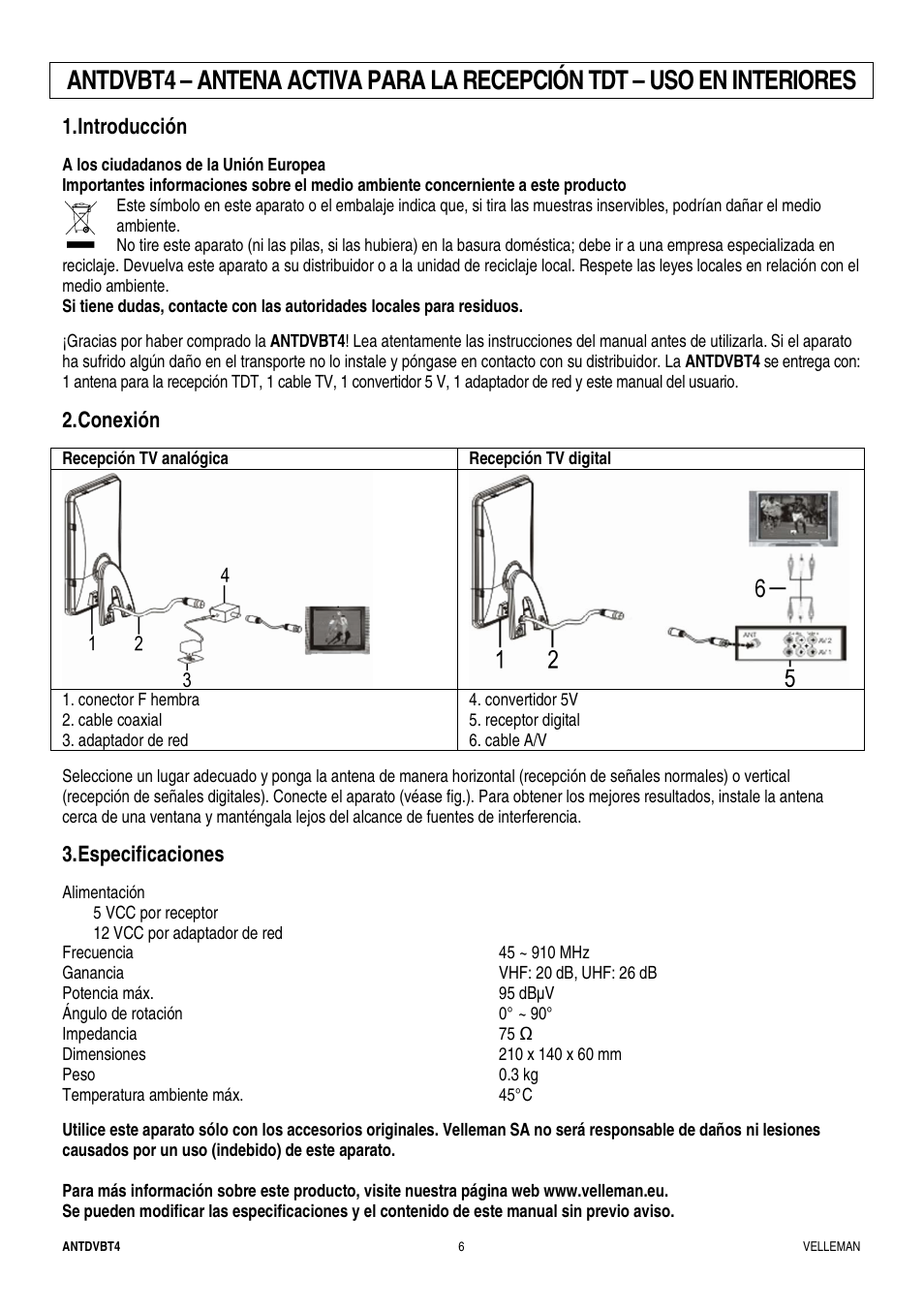 Introducción, Conexión, Especificaciones | Velleman ANTDVBT4 User Manual | Page 6 / 8