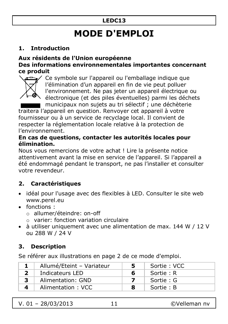 Mode d'emploi, Introduction, Caractéristiques | Description | Velleman LEDC13 User Manual | Page 11 / 37