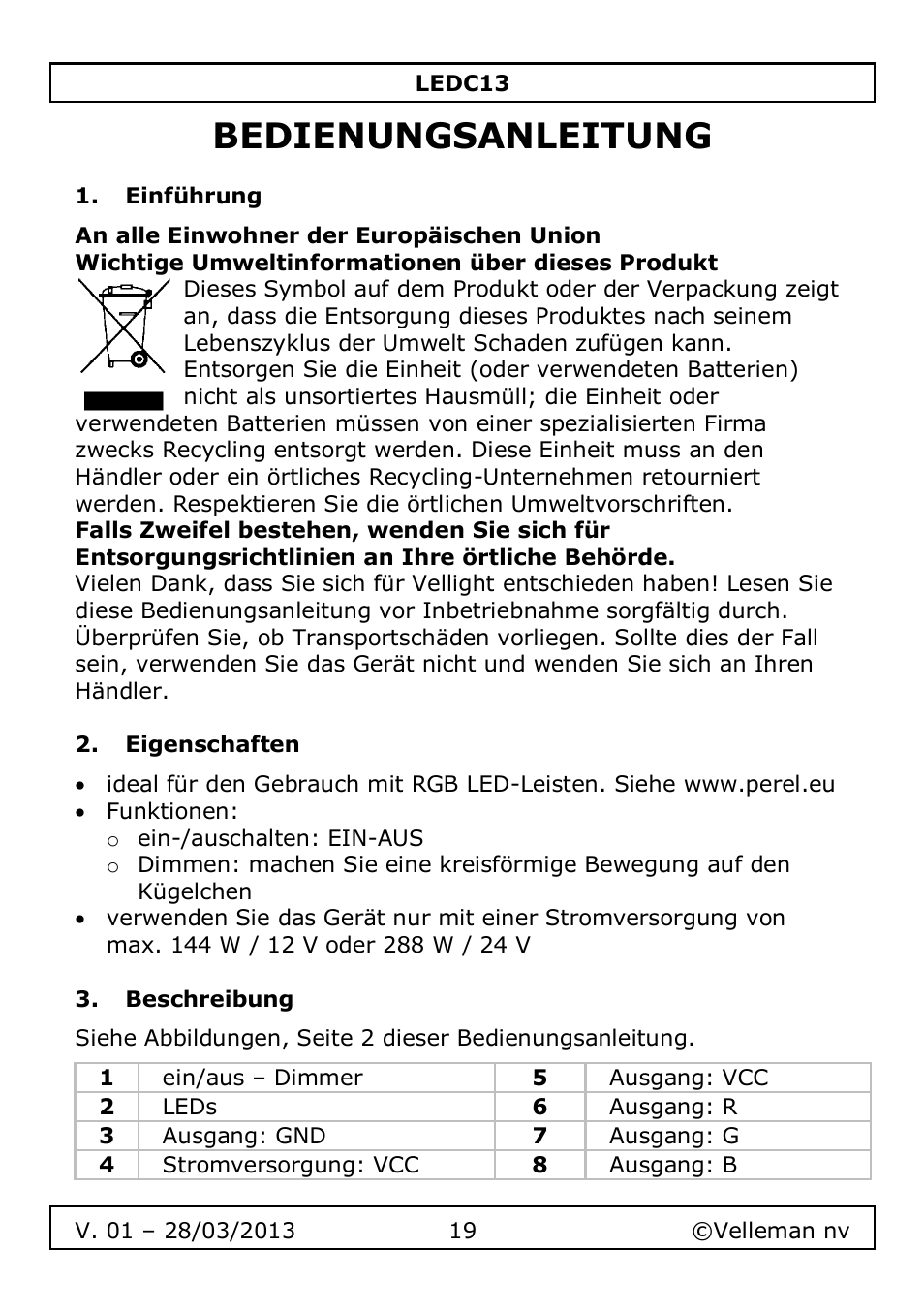 Bedienungsanleitung, Einführung, Eigenschaften | Beschreibung | Velleman LEDC13 User Manual | Page 19 / 37
