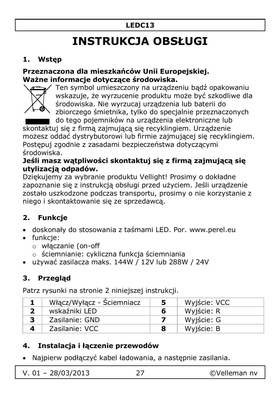 Instrukcja obsługi, Wstęp, Funkcje | Przegląd, Instalacja i łączenie przewodów | Velleman LEDC13 User Manual | Page 27 / 37