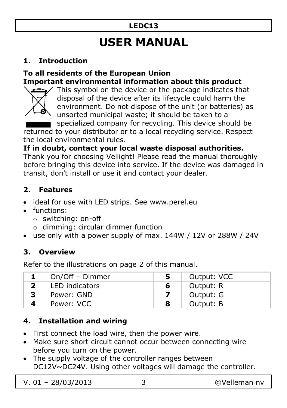 User manual, Introduction, Features | Overview, Installation and wiring | Velleman LEDC13 User Manual | Page 3 / 37