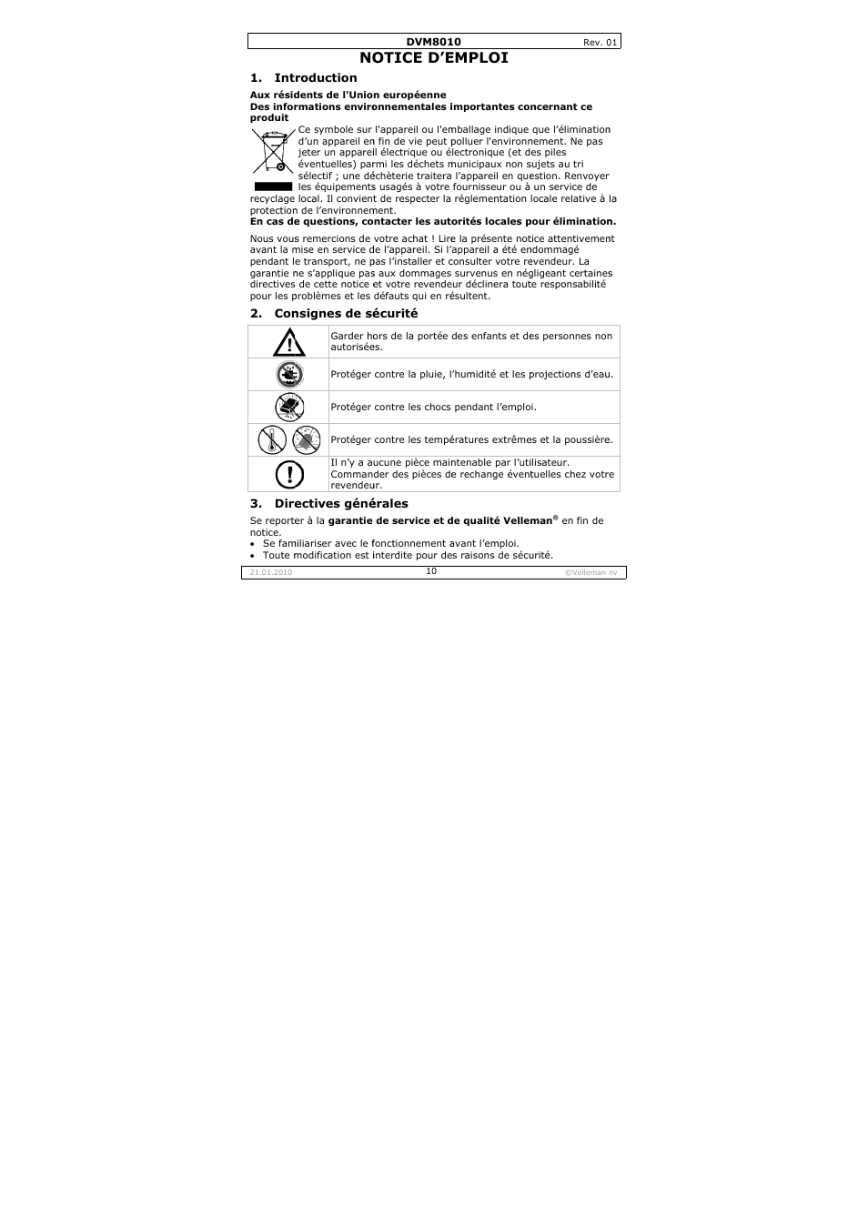 Otice d’e, Emploi | Velleman DVM8010 User Manual | Page 10 / 22