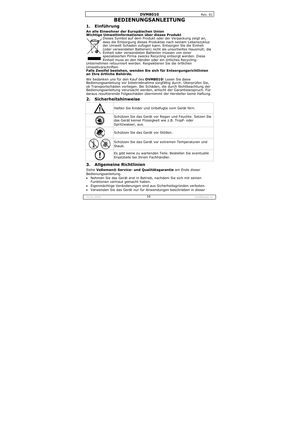 Bedie, Enungsa, Nleitung | Velleman DVM8010 User Manual | Page 16 / 22