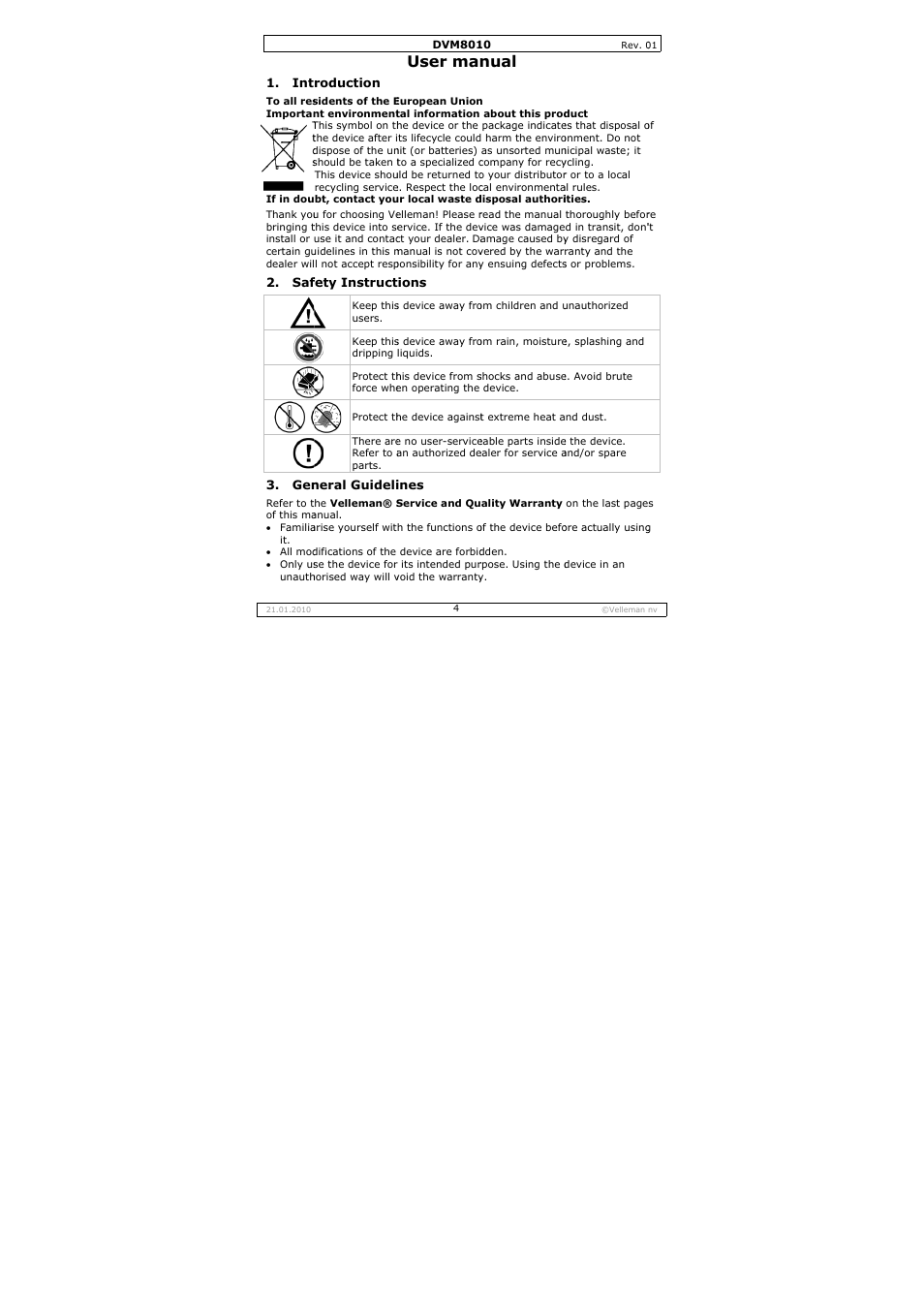 User man, Nual | Velleman DVM8010 User Manual | Page 4 / 22