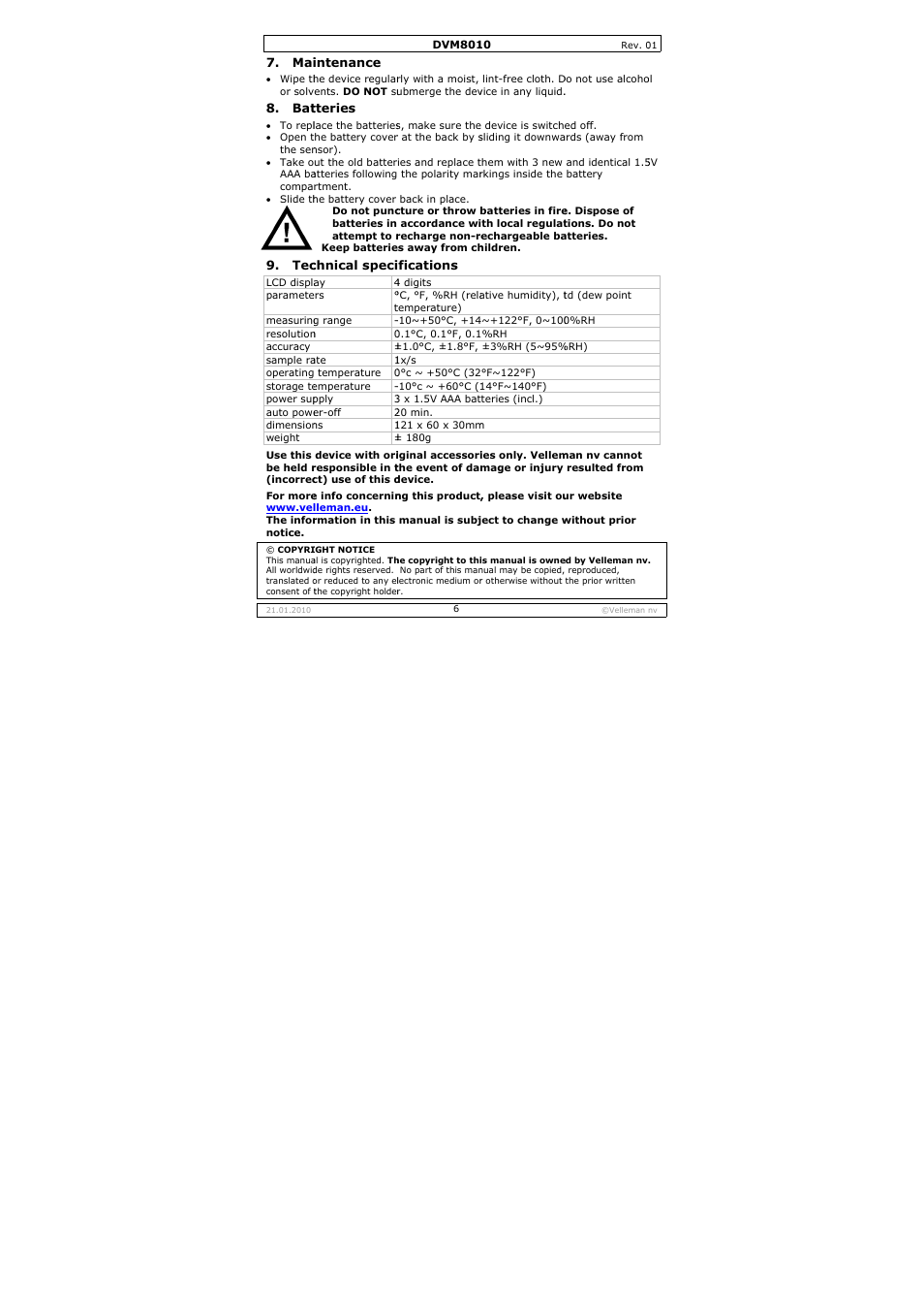 Velleman DVM8010 User Manual | Page 6 / 22