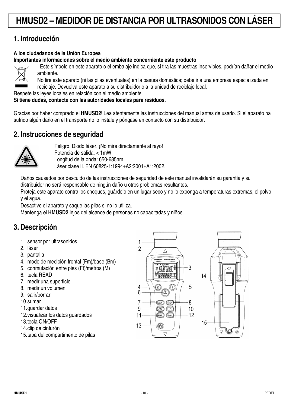 Introducción, Instrucciones de seguridad, Descripción | Velleman HMUSD2 User Manual | Page 10 / 16