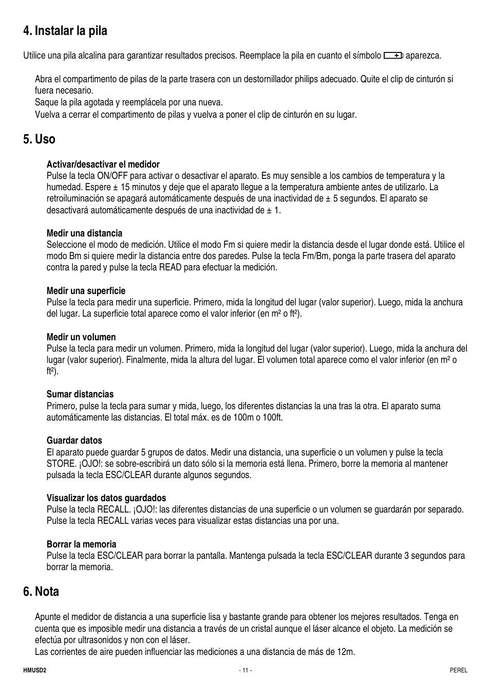 Instalar la pila, Nota | Velleman HMUSD2 User Manual | Page 11 / 16
