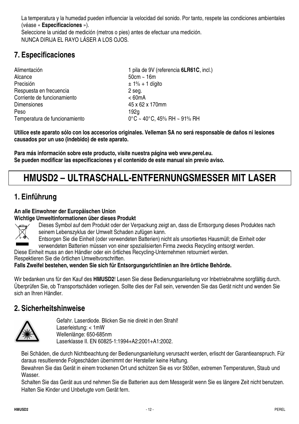 Hmusd2 – ultraschall-entfernungsmesser mit laser, Especificaciones, Einführung | Sicherheitshinweise | Velleman HMUSD2 User Manual | Page 12 / 16