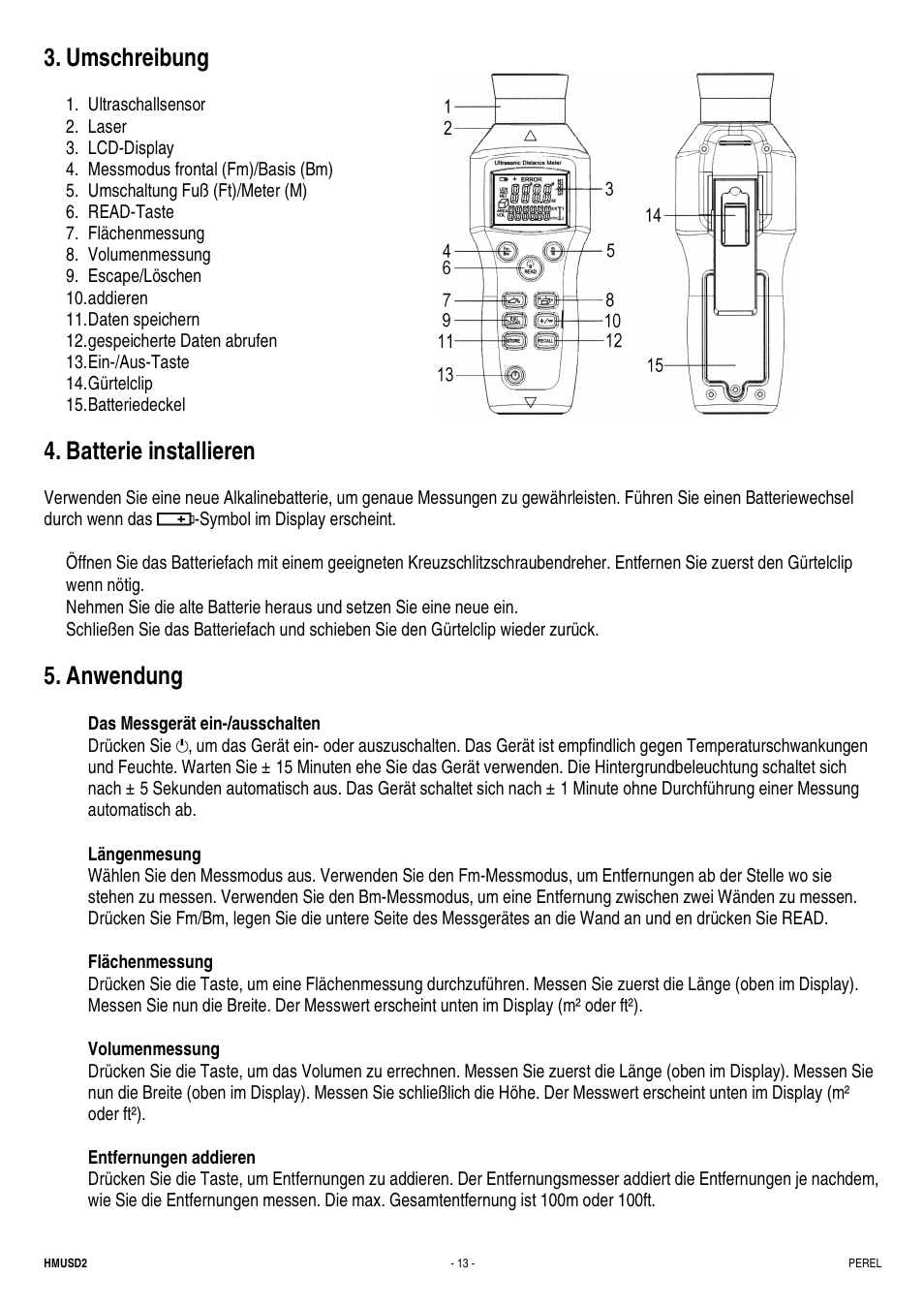 Umschreibung, Batterie installieren, Anwendung | Velleman HMUSD2 User Manual | Page 13 / 16