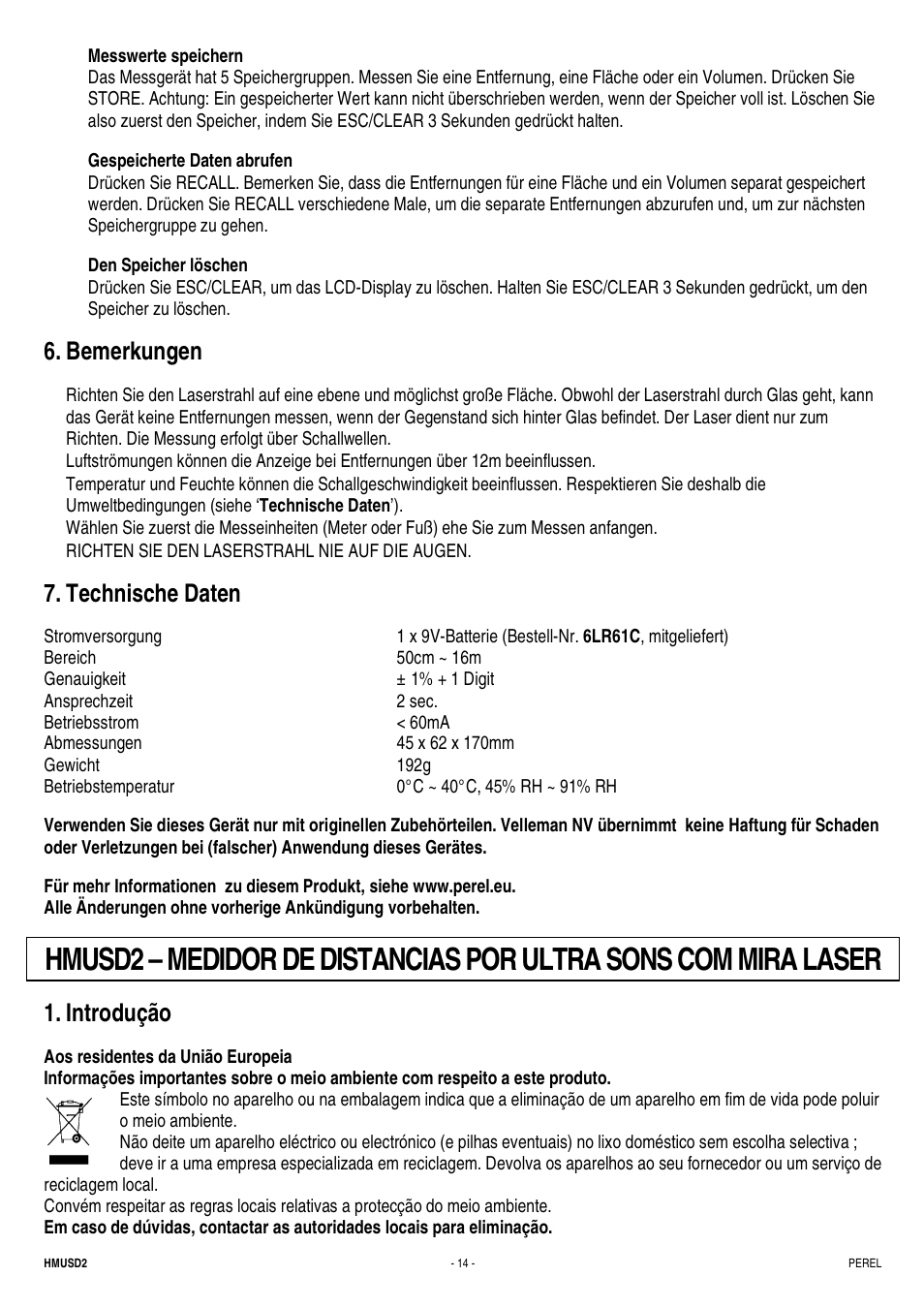 Bemerkungen, Technische daten, Introdução | Velleman HMUSD2 User Manual | Page 14 / 16