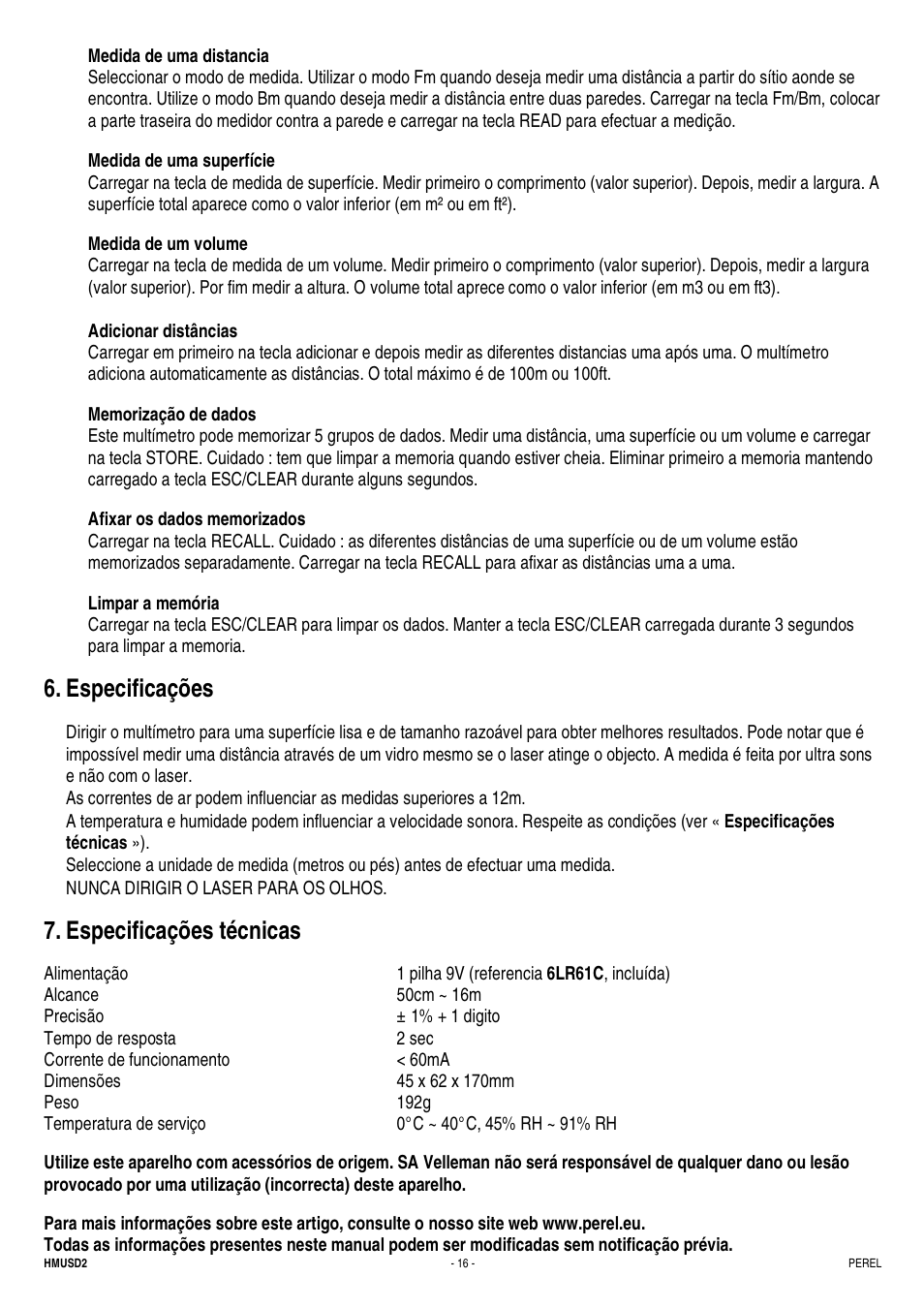 Especificações, Especificações técnicas | Velleman HMUSD2 User Manual | Page 16 / 16