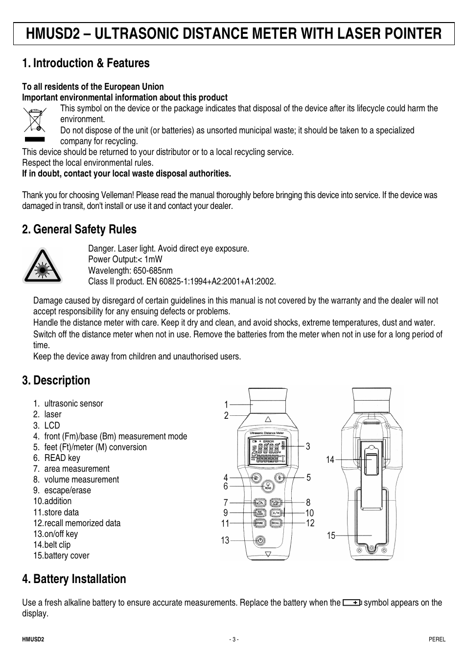 Introduction & features, General safety rules, Description | Battery installation | Velleman HMUSD2 User Manual | Page 3 / 16