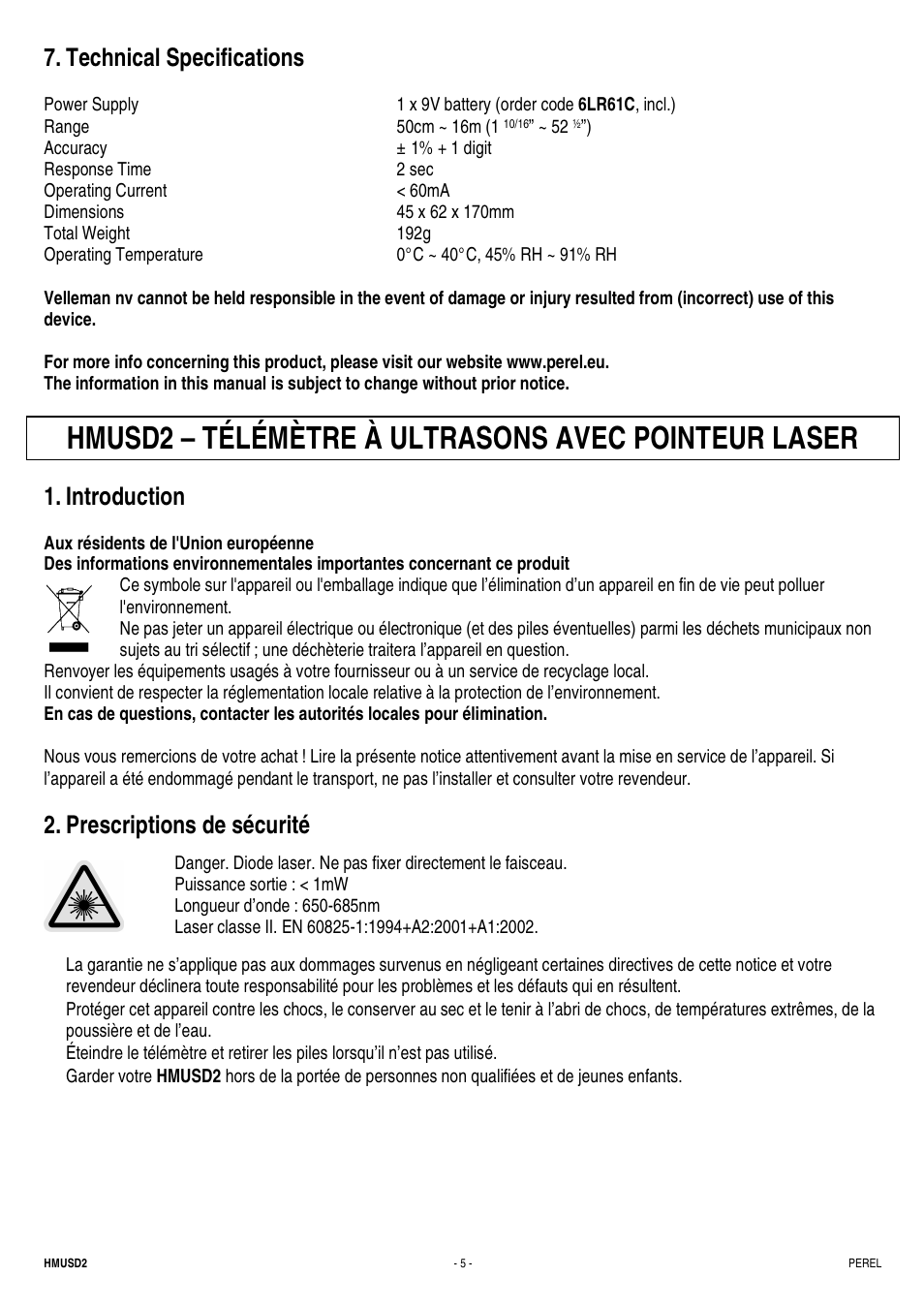 Hmusd2 – télémètre à ultrasons avec pointeur laser, Technical specifications, Introduction | Prescriptions de sécurité | Velleman HMUSD2 User Manual | Page 5 / 16