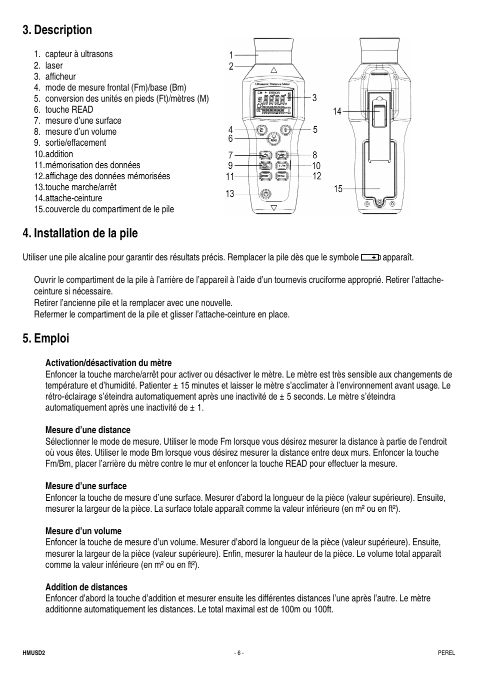 Description, Installation de la pile, Emploi | Velleman HMUSD2 User Manual | Page 6 / 16