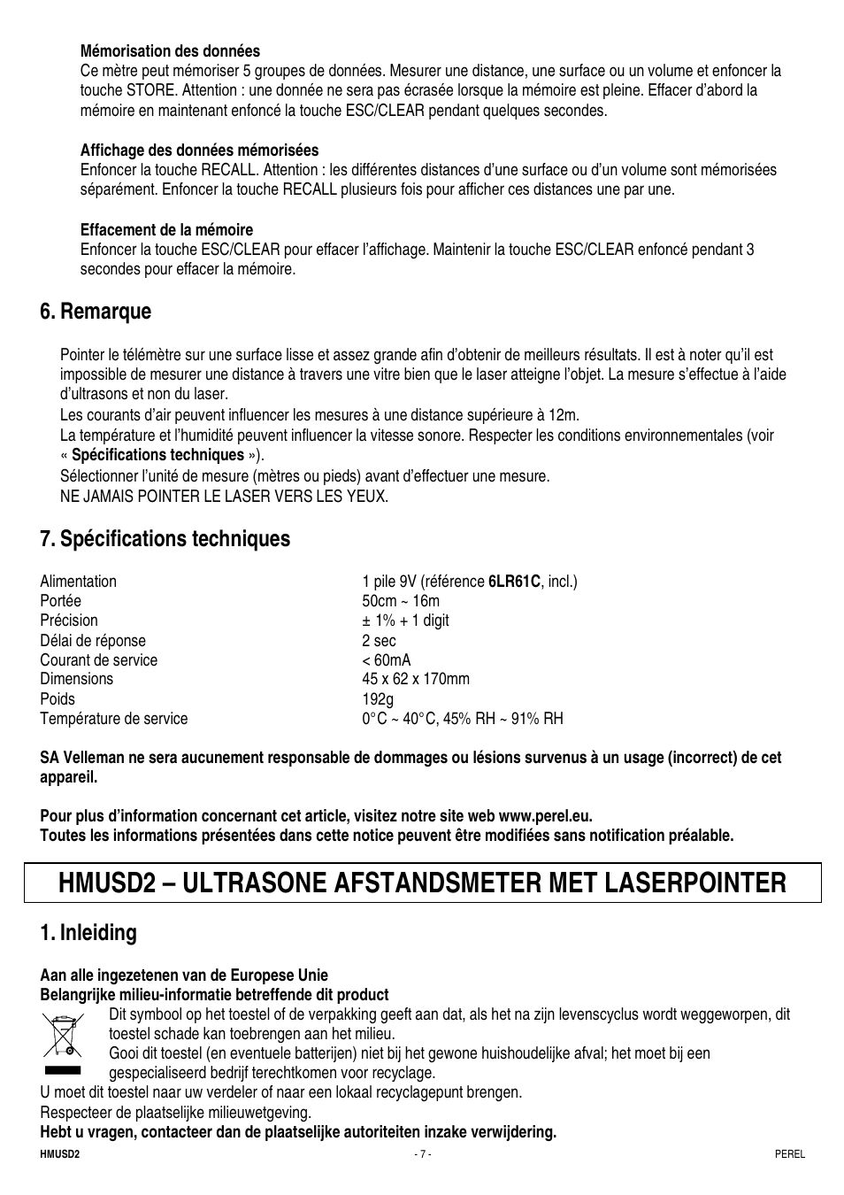 Hmusd2 – ultrasone afstandsmeter met laserpointer, Remarque, Spécifications techniques | Inleiding | Velleman HMUSD2 User Manual | Page 7 / 16