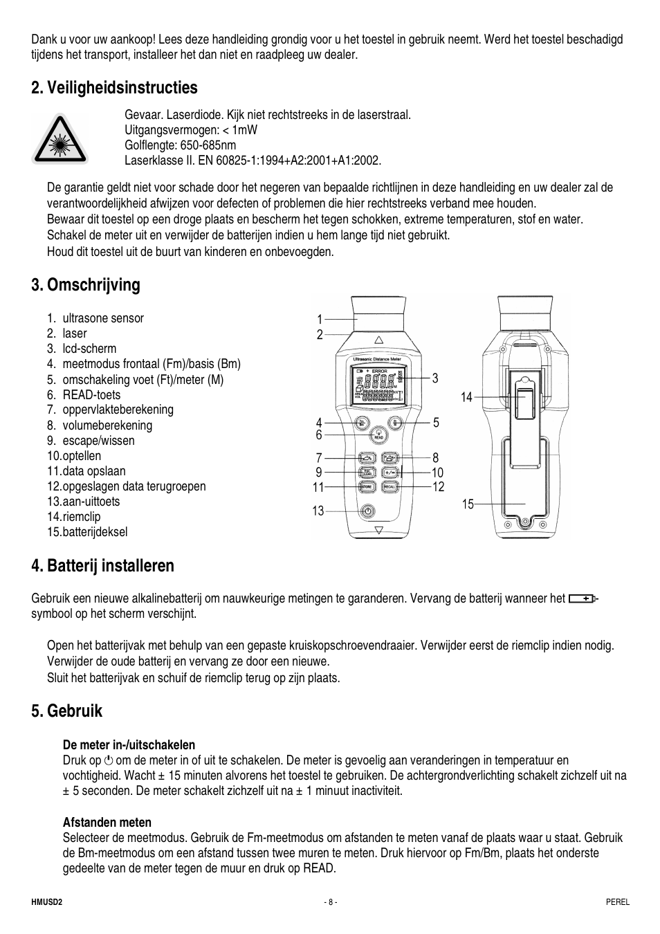 Veiligheidsinstructies, Omschrijving, Batterij installeren | Gebruik | Velleman HMUSD2 User Manual | Page 8 / 16