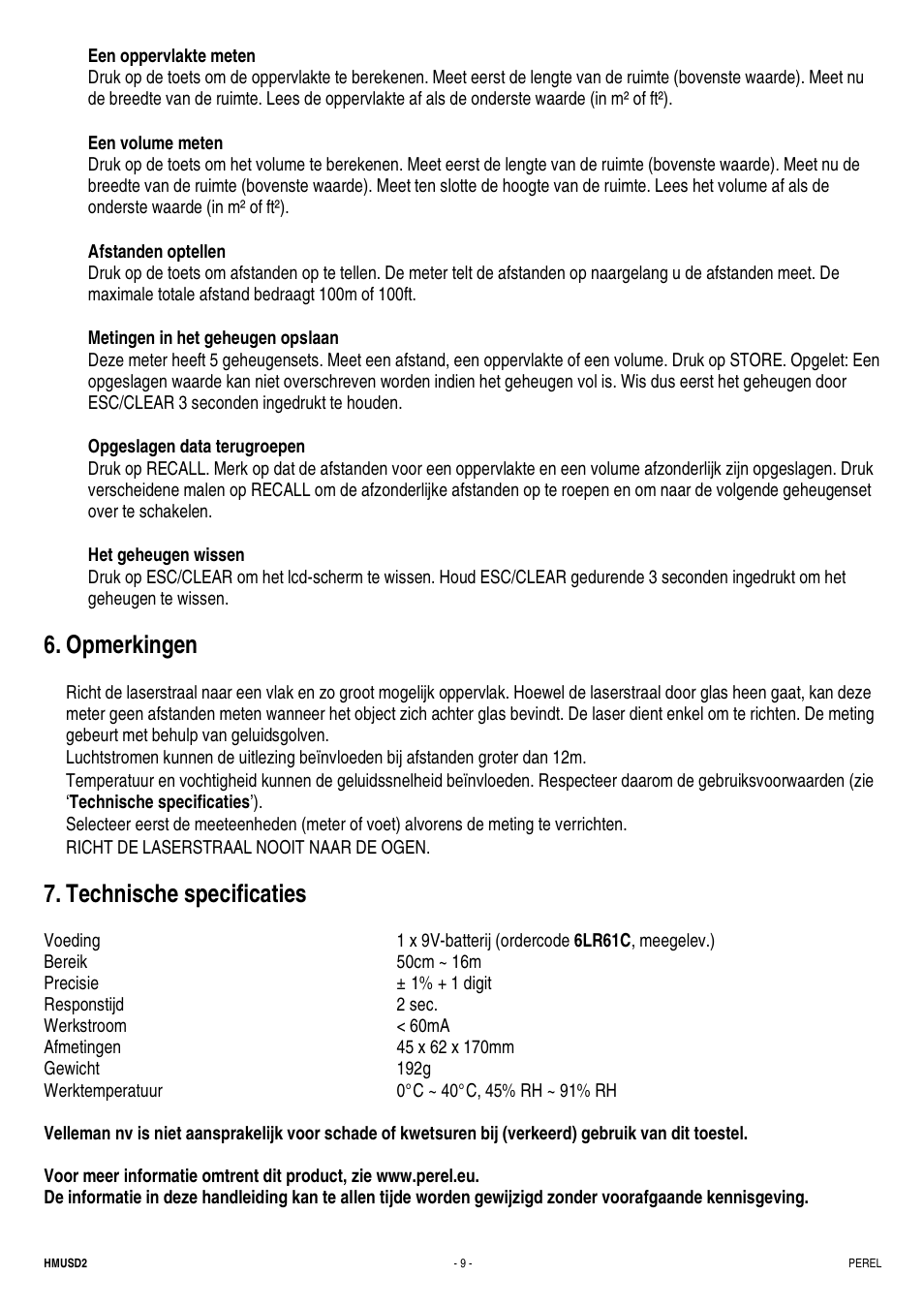 Opmerkingen, Technische specificaties | Velleman HMUSD2 User Manual | Page 9 / 16