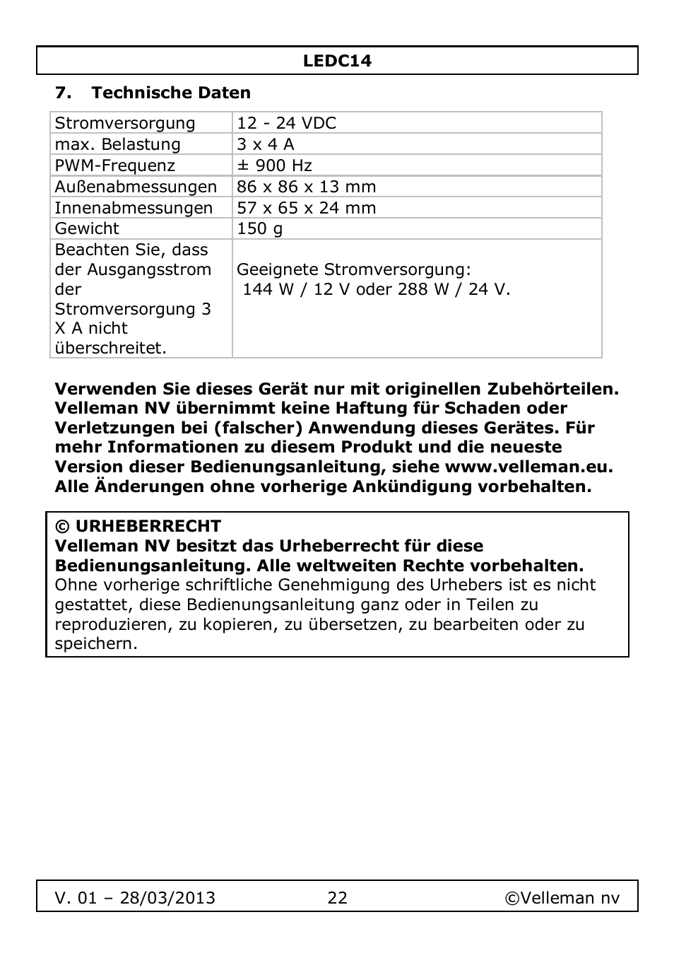 Technische daten | Velleman LEDC14 User Manual | Page 22 / 37