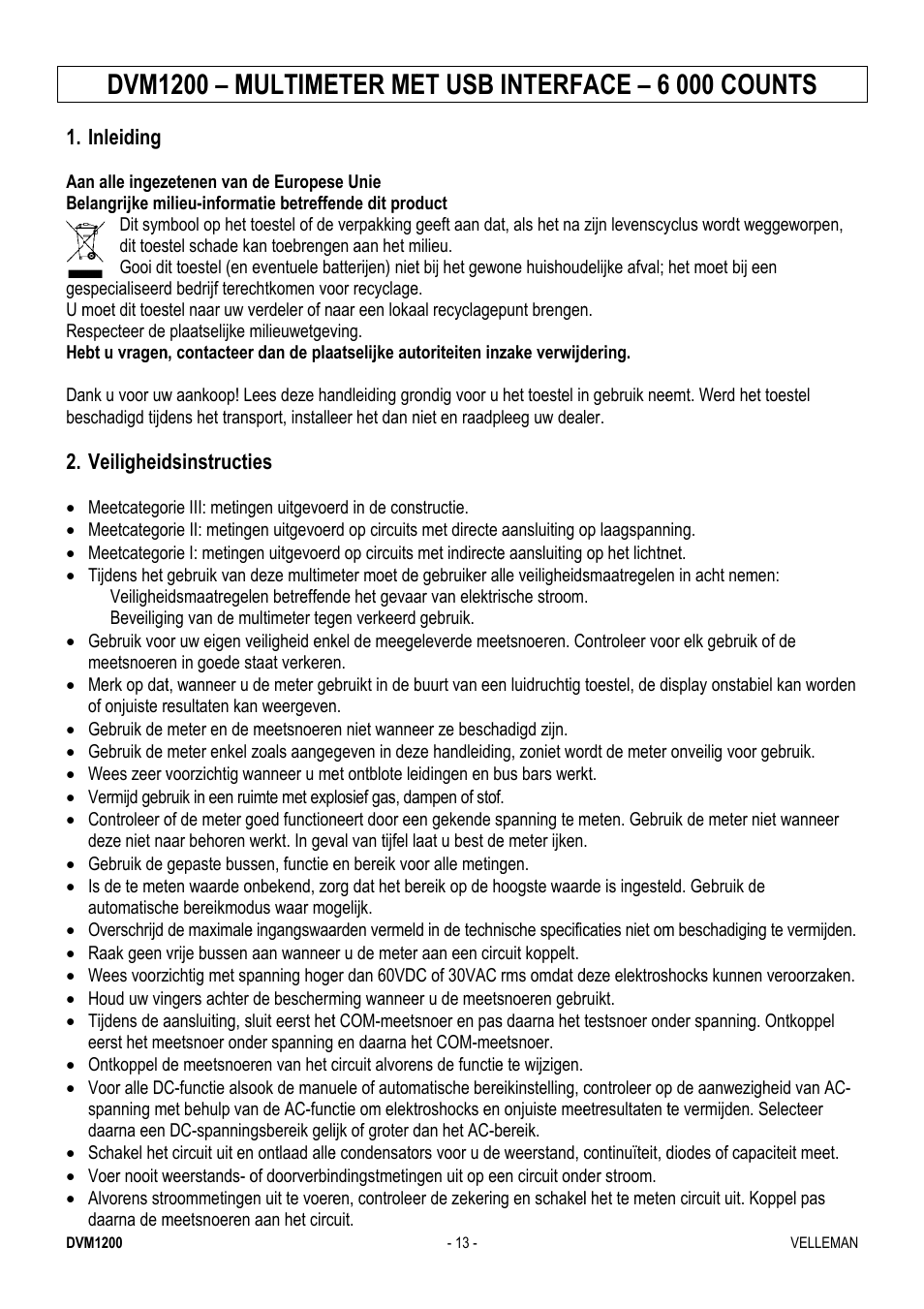 Dvm1, 1200 – m, Multime | Eter me, Et usb, Interfa, Ace – 6, 6 000 co, Ounts | Velleman DVM1200 User Manual | Page 13 / 74