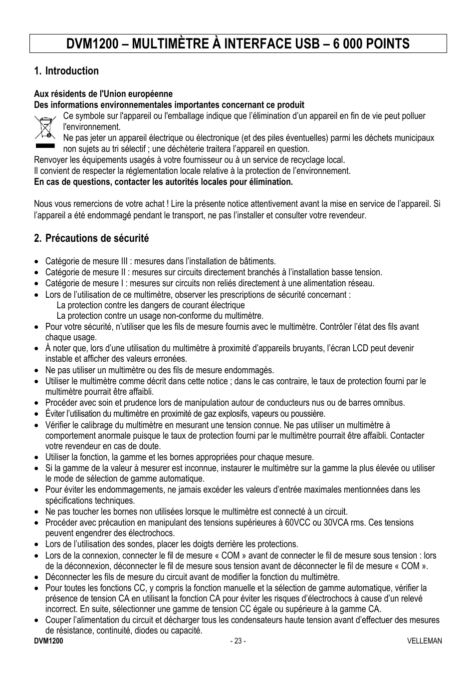 M1200, Multim, Mètre à | À inter, Rface u, Usb – 6 0, 000 poi | Velleman DVM1200 User Manual | Page 23 / 74