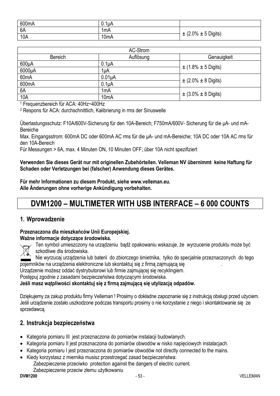 Dvm12, 200 – mu, Ultime | Ter wit, Th usb, Interf, Face – 6, 6 000 co, Ounts | Velleman DVM1200 User Manual | Page 53 / 74