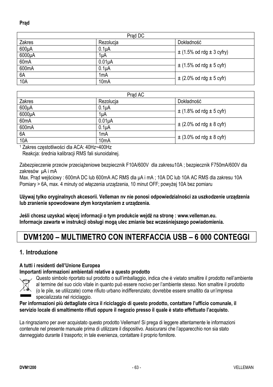 Dvm120, 00 – mul, Ltimetr | Ro con, Interf, Faccia, Usb – 6, 6 000 co, Ontegg | Velleman DVM1200 User Manual | Page 63 / 74