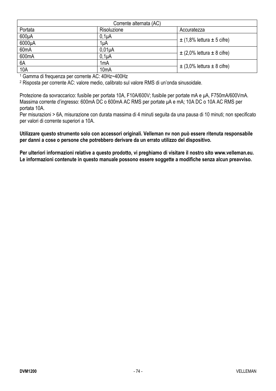 Velleman DVM1200 User Manual | Page 74 / 74