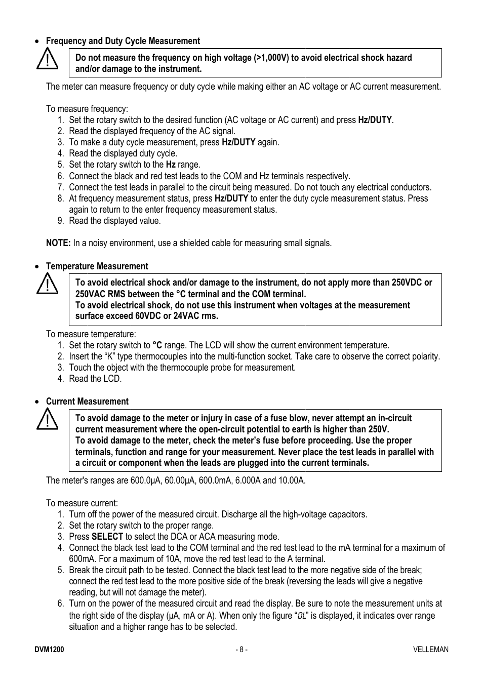 Velleman DVM1200 User Manual | Page 8 / 74