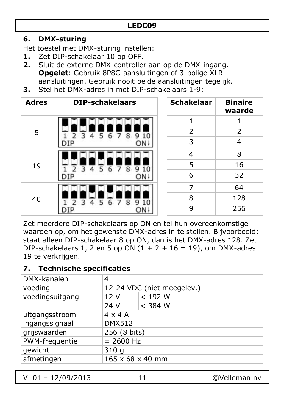 Dmx-sturing, Technische specificaties | Velleman LEDC09 User Manual | Page 11 / 44