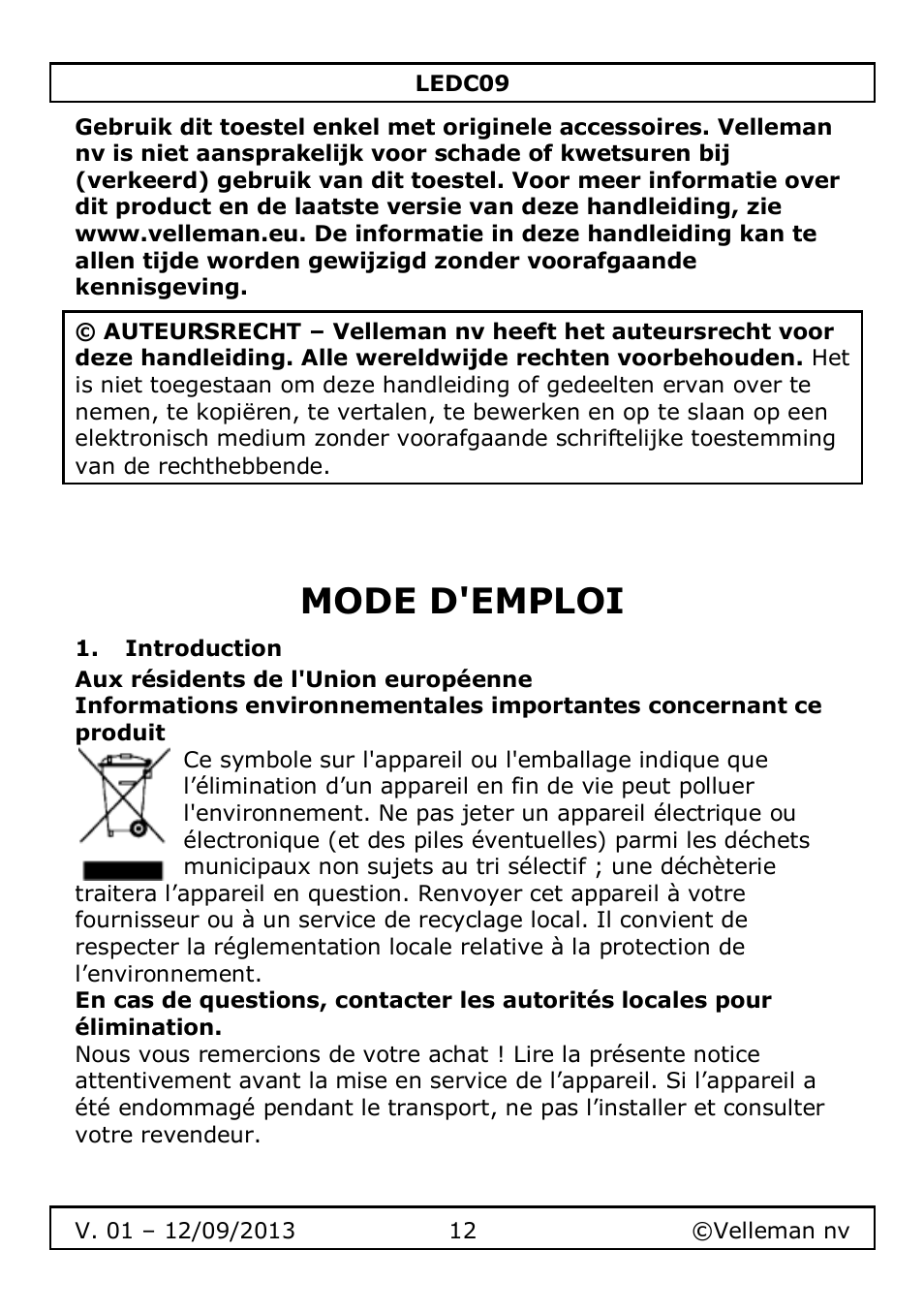 Mode d'emploi, Introduction | Velleman LEDC09 User Manual | Page 12 / 44