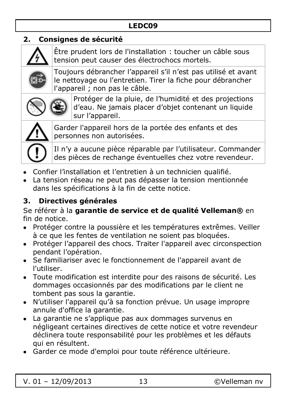 Consignes de sécurité, Directives générales | Velleman LEDC09 User Manual | Page 13 / 44