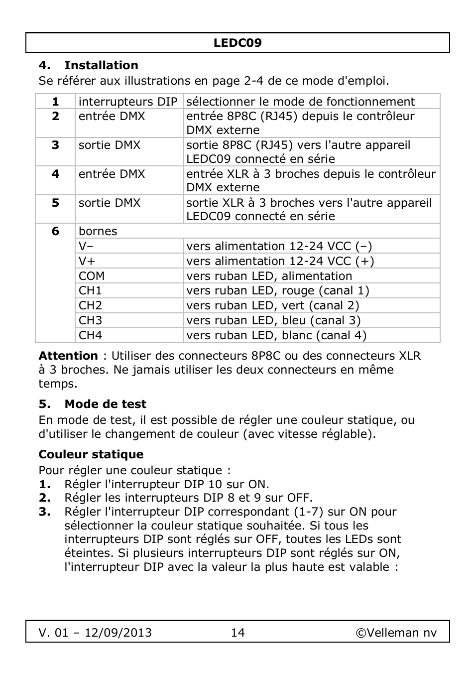 Installation, Mode de test, Couleur statique | Velleman LEDC09 User Manual | Page 14 / 44