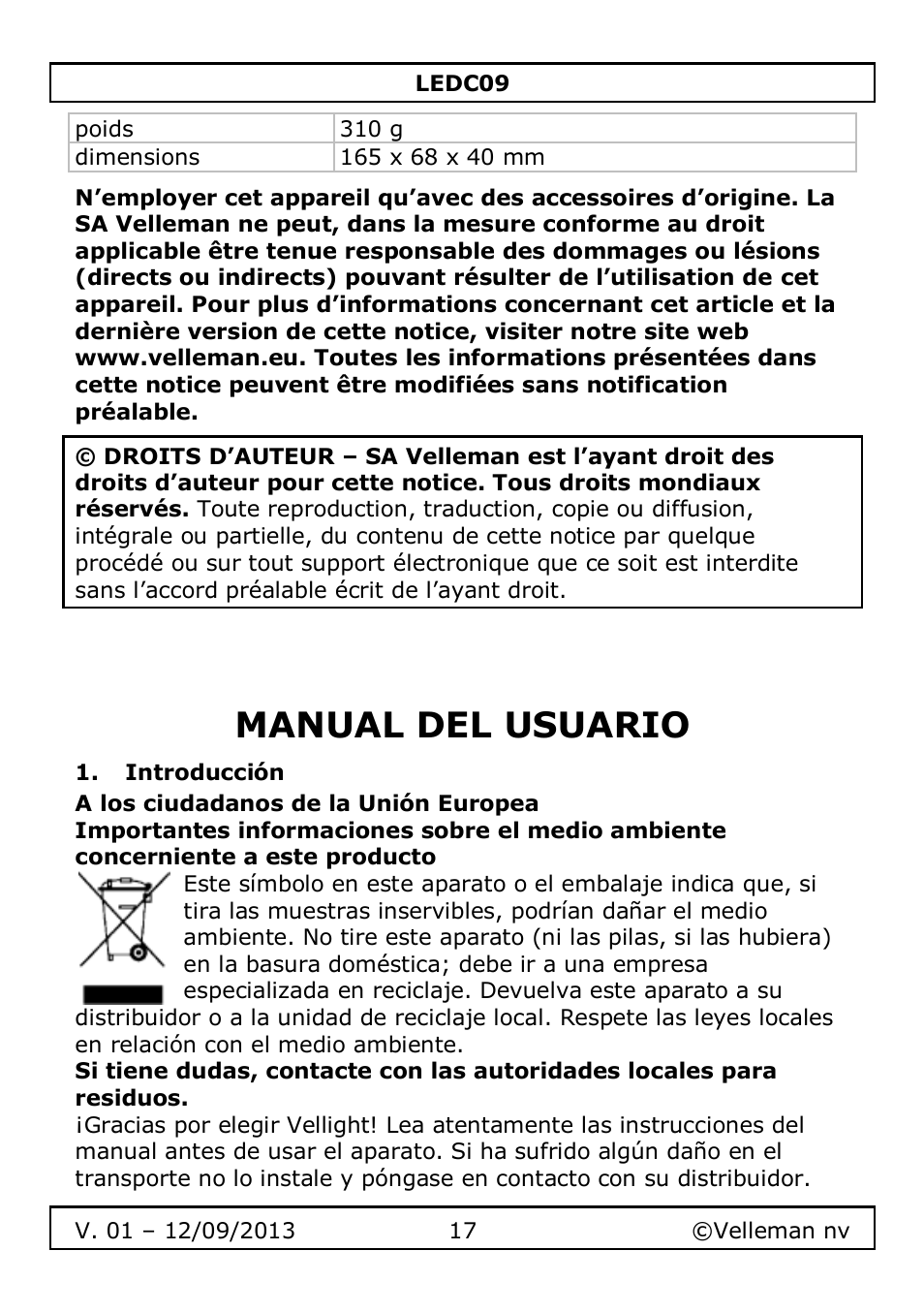 Manual del usuario, Introducción | Velleman LEDC09 User Manual | Page 17 / 44