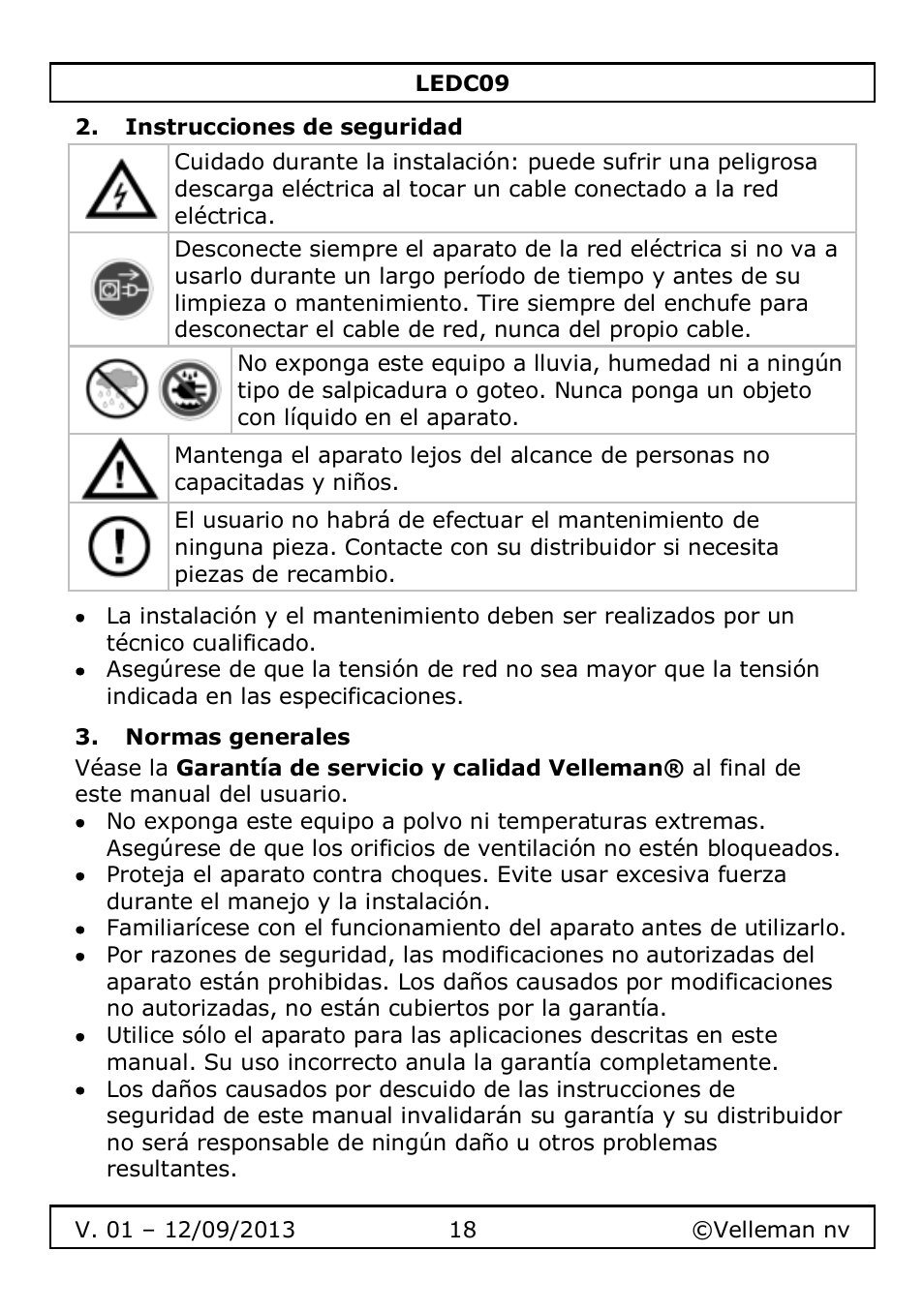 Instrucciones de seguridad, Normas generales | Velleman LEDC09 User Manual | Page 18 / 44