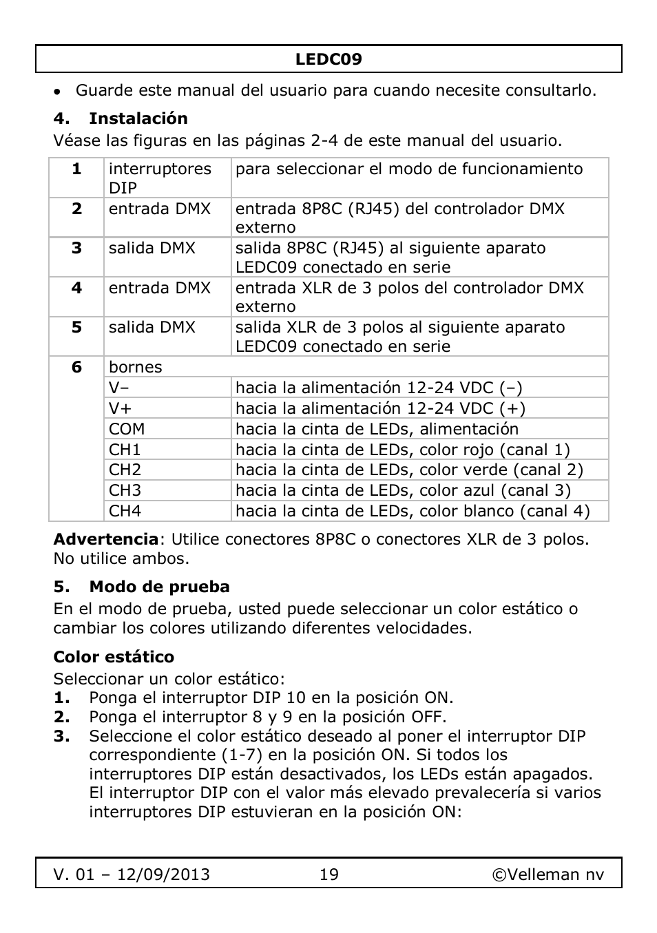 Instalación, Modo de prueba, Color estático | Velleman LEDC09 User Manual | Page 19 / 44