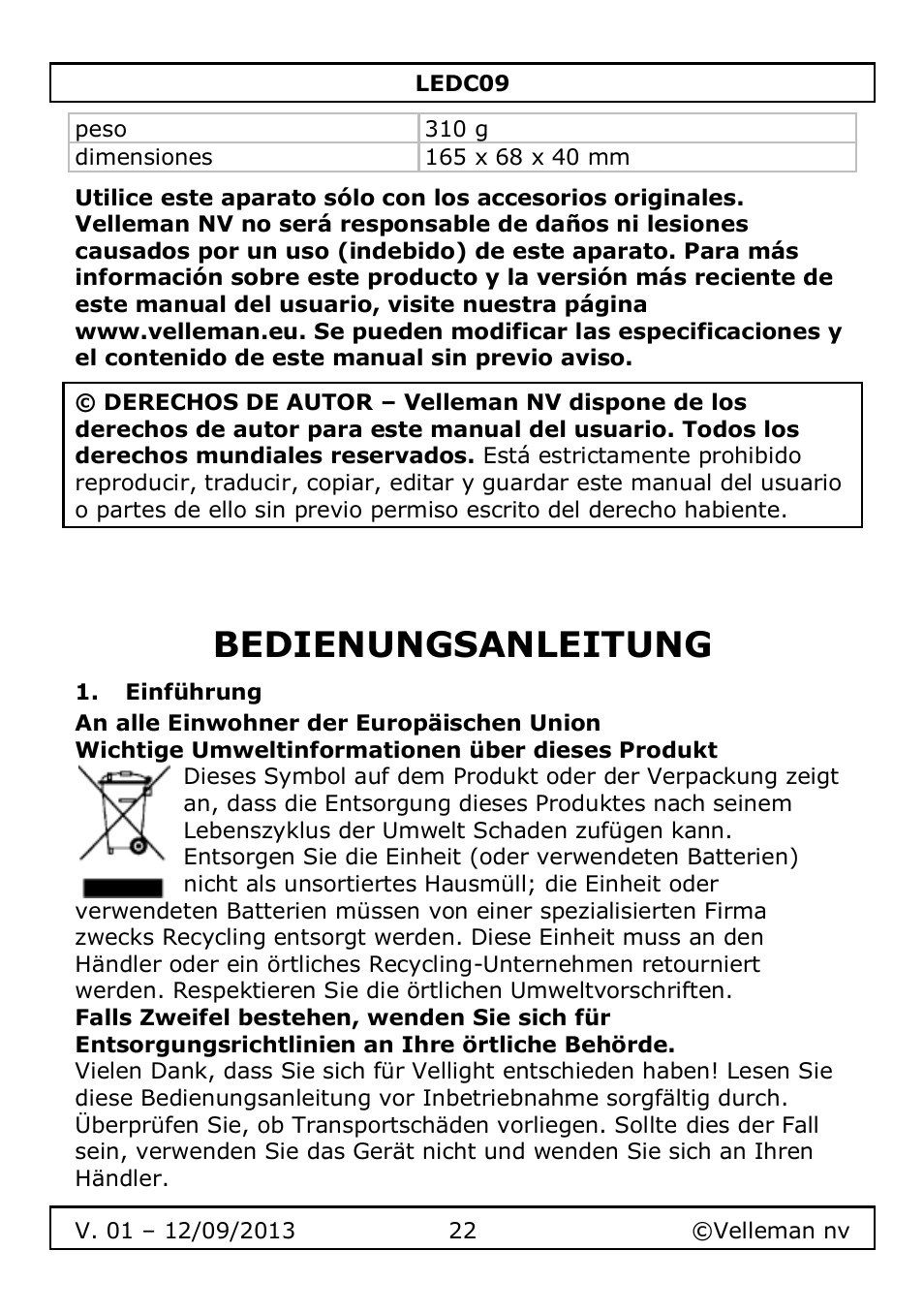 Bedienungsanleitung, Einführung | Velleman LEDC09 User Manual | Page 22 / 44