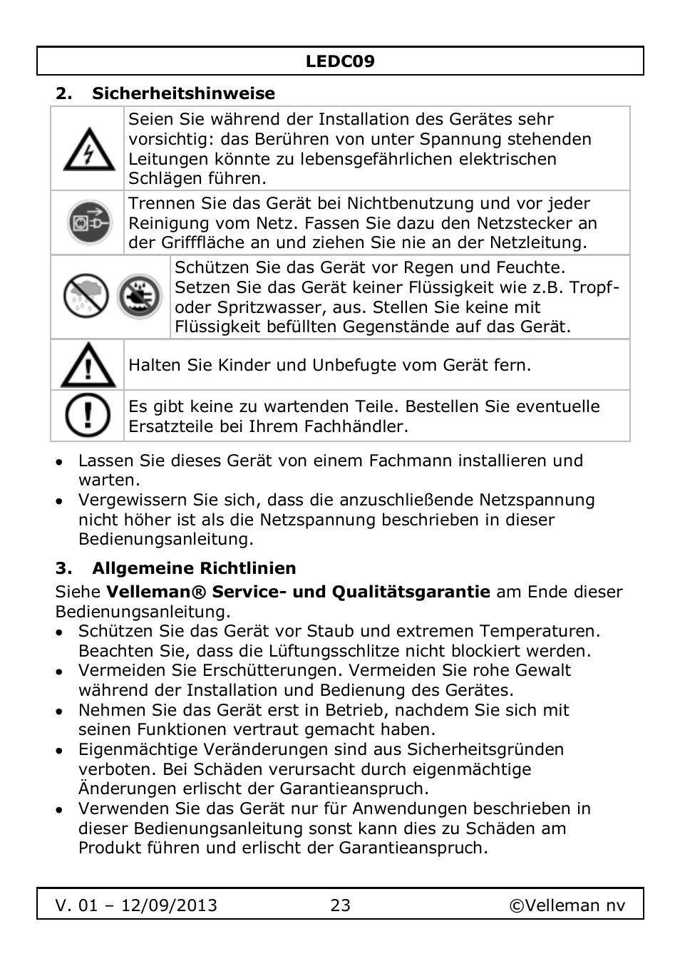 Sicherheitshinweise, Allgemeine richtlinien | Velleman LEDC09 User Manual | Page 23 / 44