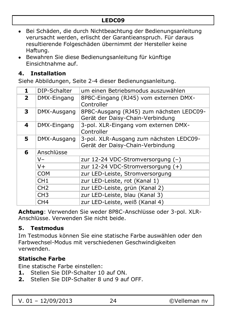 Installation, Testmodus, Statische farbe | Velleman LEDC09 User Manual | Page 24 / 44