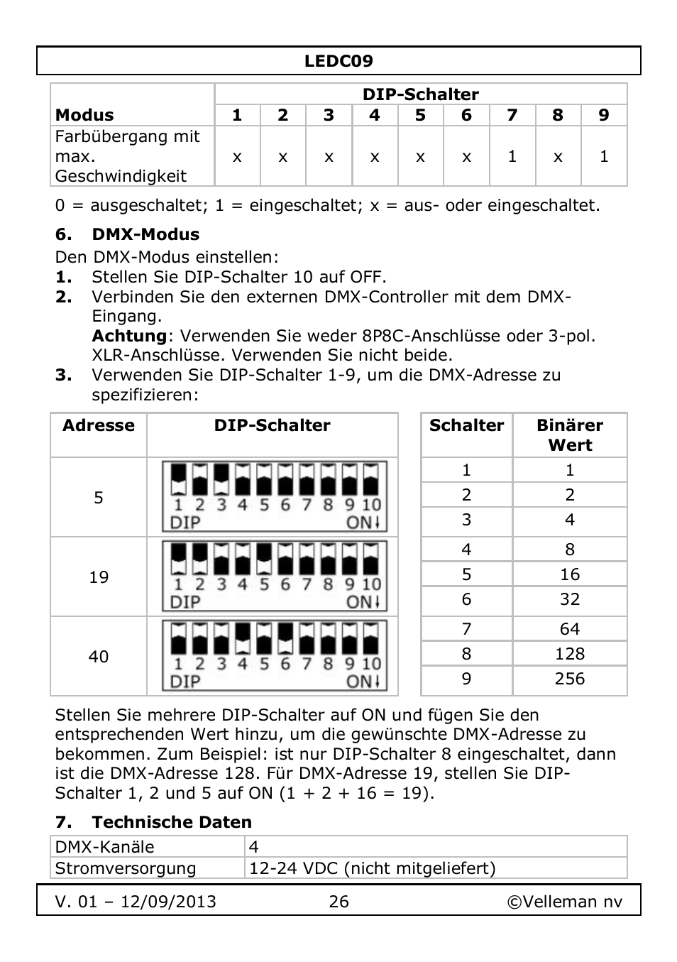 Dmx-modus, Technische daten | Velleman LEDC09 User Manual | Page 26 / 44