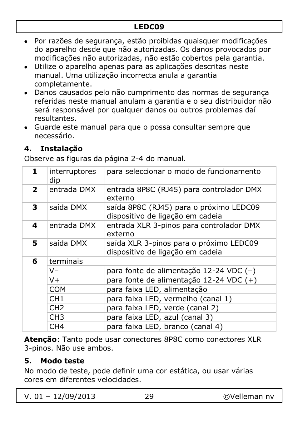 Instalação, Modo teste | Velleman LEDC09 User Manual | Page 29 / 44