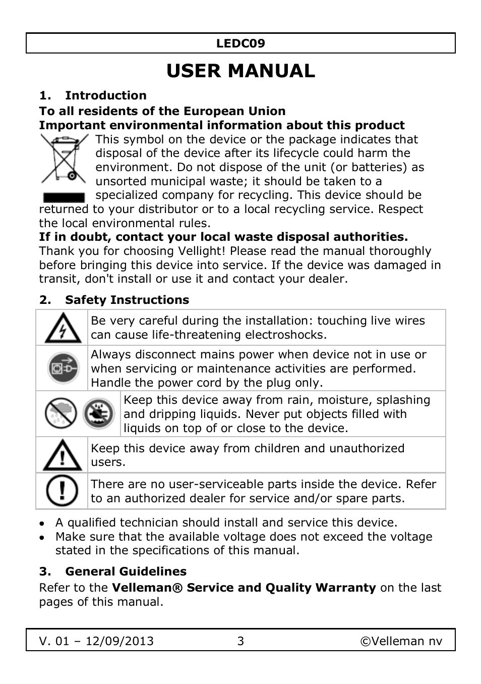 User manual, Introduction, Safety instructions | General guidelines | Velleman LEDC09 User Manual | Page 3 / 44