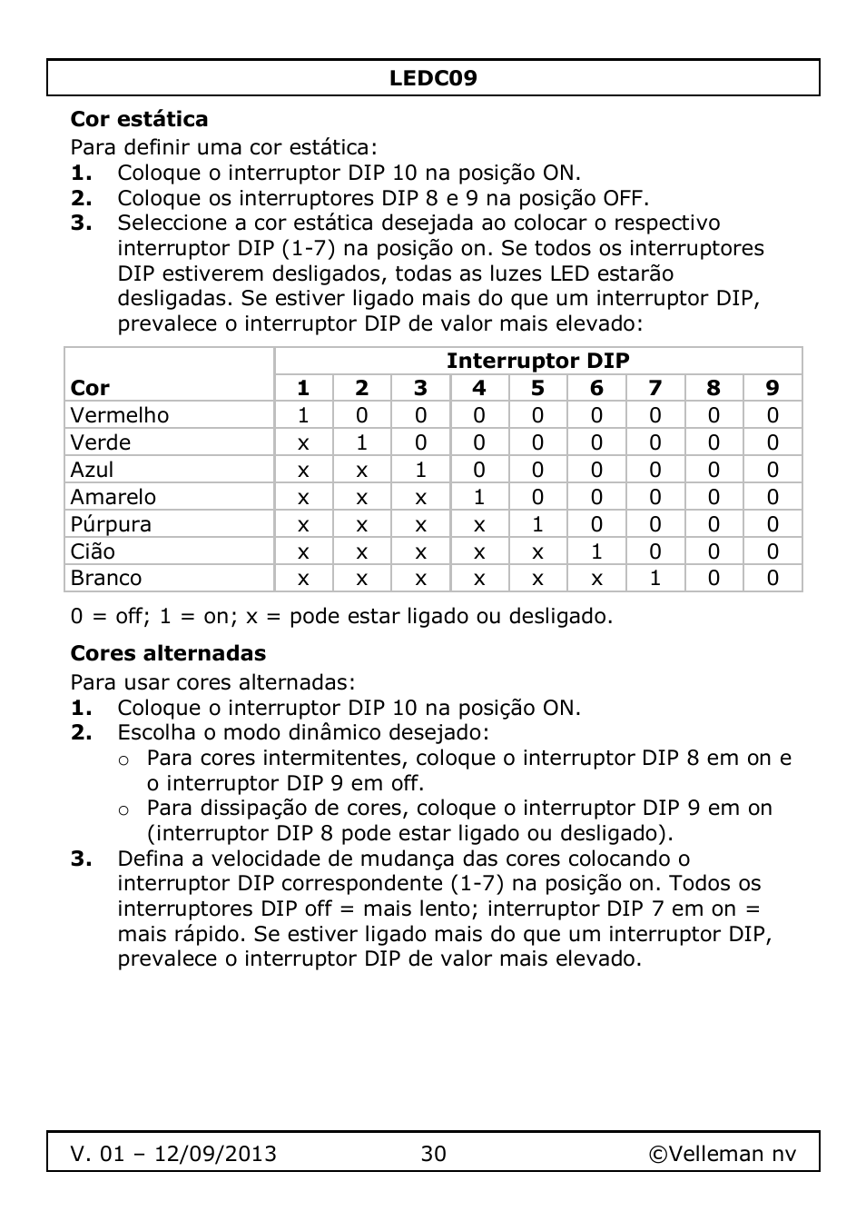 Cor estática, Cores alternadas | Velleman LEDC09 User Manual | Page 30 / 44