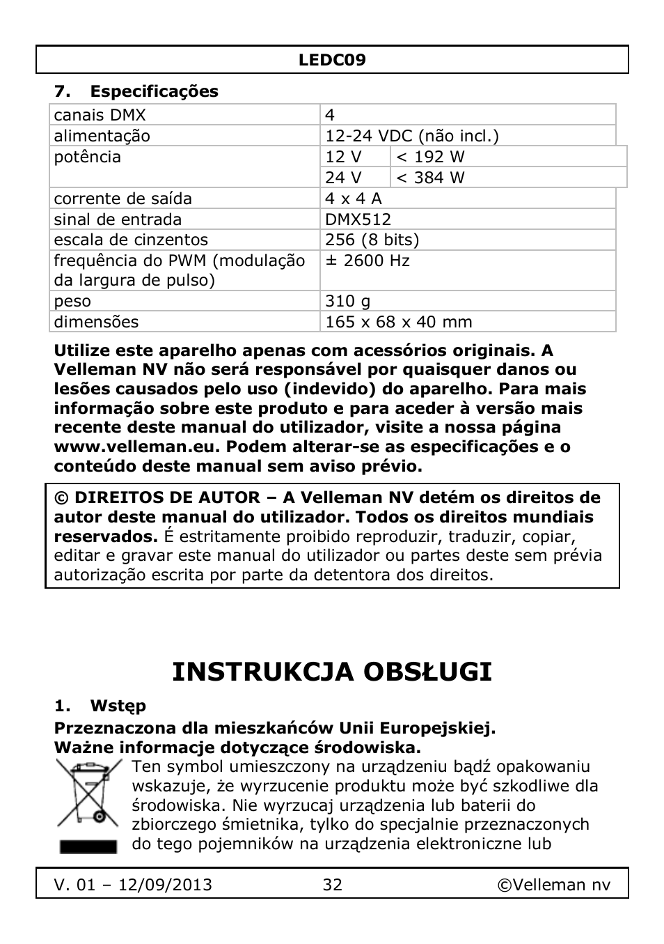 Especificações, Instrukcja obsługi, Wstęp | Velleman LEDC09 User Manual | Page 32 / 44