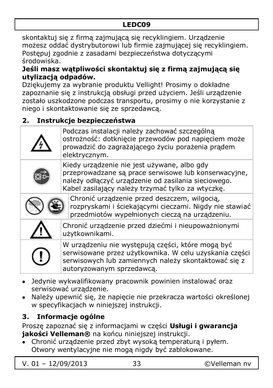 Instrukcje bezpieczeństwa, Informacje ogólne | Velleman LEDC09 User Manual | Page 33 / 44