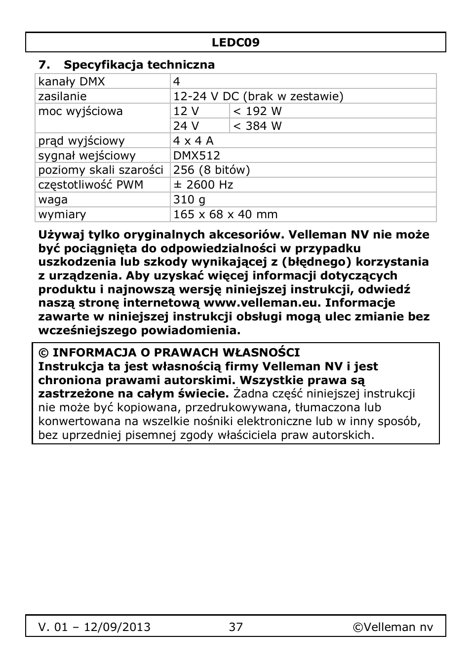 Specyfikacja techniczna | Velleman LEDC09 User Manual | Page 37 / 44