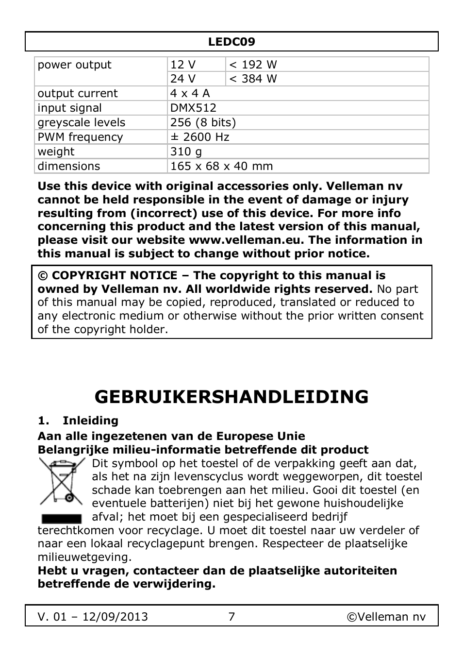Gebruikershandleiding, Inleiding | Velleman LEDC09 User Manual | Page 7 / 44