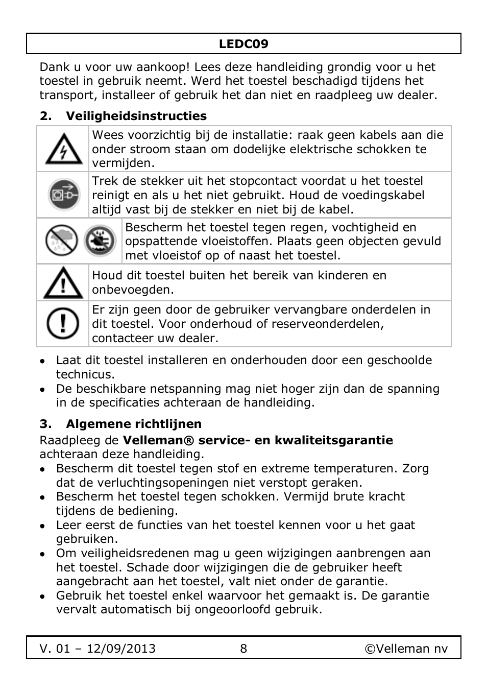 Veiligheidsinstructies, Algemene richtlijnen | Velleman LEDC09 User Manual | Page 8 / 44